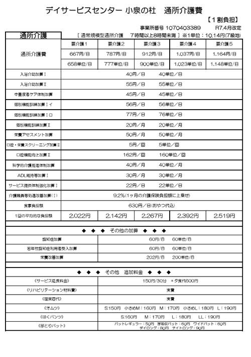 デイサービスセンター　小泉の杜 利用料金表
